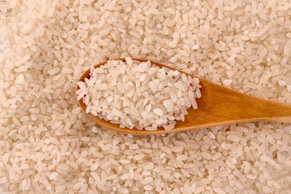 White round rice in wooden spoon — Stock Photo, Image