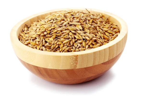 Uncoocked barley in plate isolated on white — Stock Photo, Image