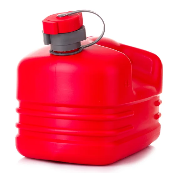 Red plastic fuel canister in hand isolated on white — Stock Photo, Image