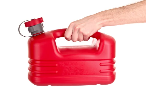 Piros műanyag üzemanyag tartály kézi elszigetelt fehér — Stock Fotó