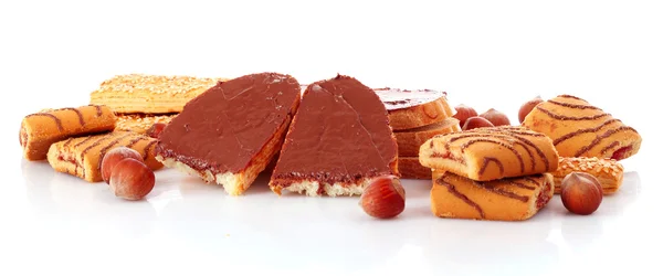 Brot, Kekse und Nüsse mit Schokolade isoliert auf weiß — Stockfoto