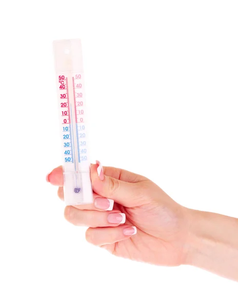 Termometer i hand isolerad på vit — Stockfoto