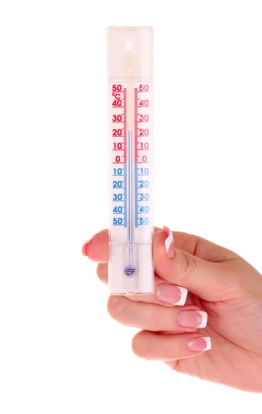 Elinde beyaz izole termometre — Stok fotoğraf
