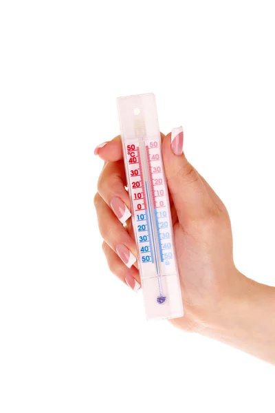Термометр в руке изолирован на белом — стоковое фото