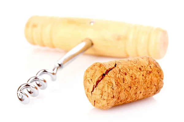 Corkscrew with cork isolated on white — Stock Photo, Image