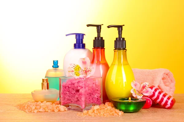 Bath accesories on yellow background — Stock Photo, Image