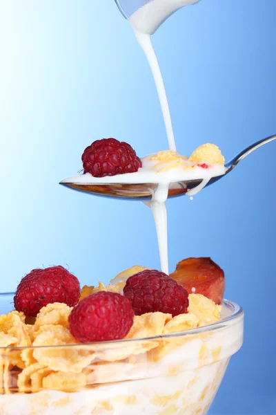 Fulgi de porumb gustoși, fructe și lapte în castron de sticlă — Fotografie, imagine de stoc