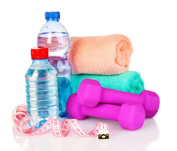 Asciugamano, manubri e borraccia — Foto Stock