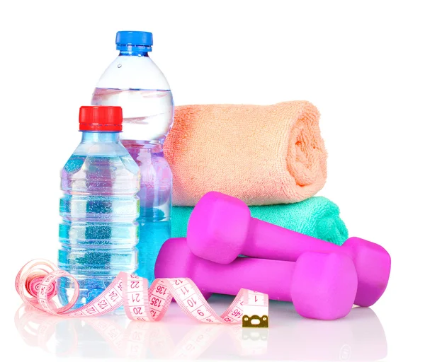 Törölköző, a súlyzók és a vizes palack — Stock Fotó