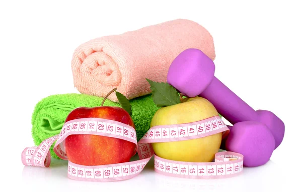 Towel, apple with measure tape, dumbbells and water bottle isola — Stock Photo, Image