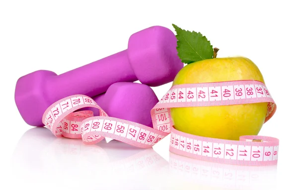 Towel, apple with measure tape, dumbbells isolated on white — Stock Photo, Image