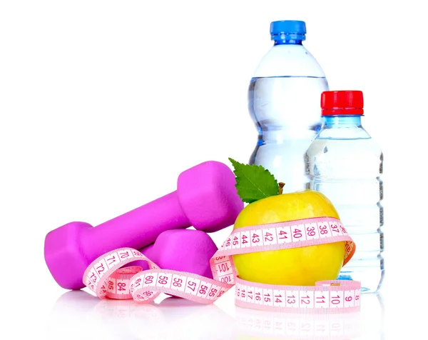 Towel, apple with measure tape, dumbbells and water bottle isola — Stock Photo, Image