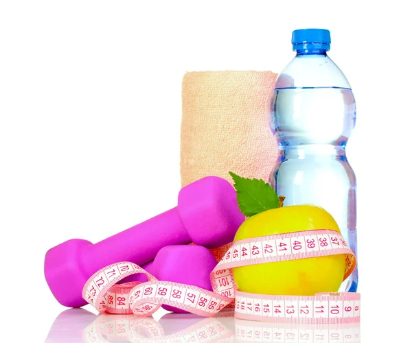 Havlu, apple ile ölçü bandı, dambıl ve su şişesi Isola — Stok fotoğraf