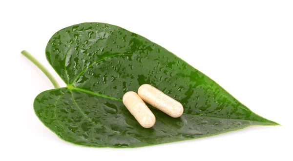 Pills on leaf isolated on white — Stock Photo, Image
