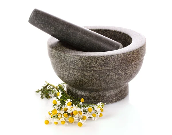 Mortar and pestle with flowers isolated on white — Stock Photo, Image