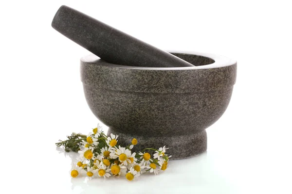 Mortar and pestle with flowers isolated on white — Stock Photo, Image