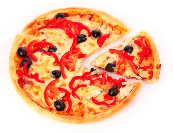 Pizza mit Oliven und Tomaten Nahaufnahme — Stockfoto