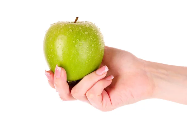 Grüner Apfel an der Hand isoliert auf weißem — Stockfoto