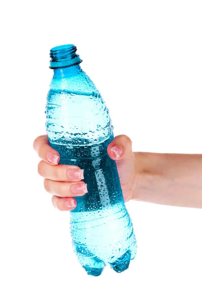 Human hand holding a bottle of water isolated on white — Stock Photo, Image