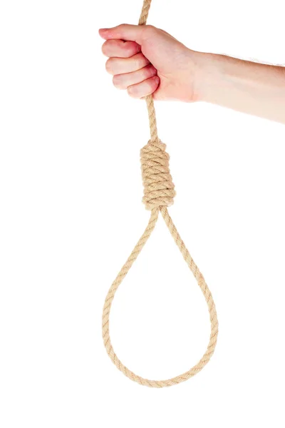 Zelfmoord strop in de hand geïsoleerd op wit — Stockfoto