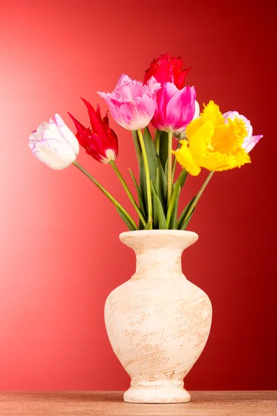 Tulips in vase on red background — Stock Photo, Image
