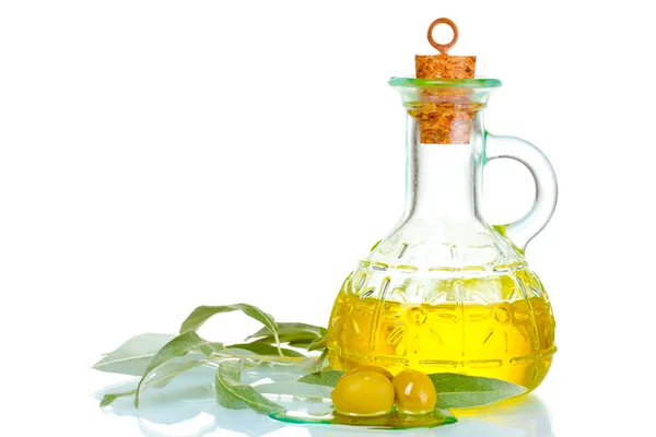 Olive oil in jars and olives — Stock Photo, Image