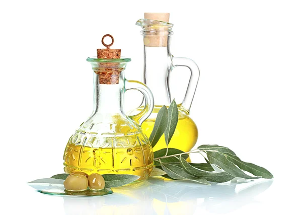 Olio di oliva in barattoli e olive — Foto Stock