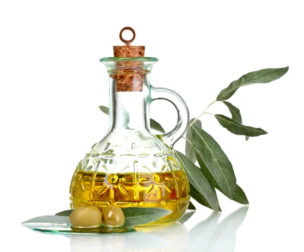 Aceite de oliva en frascos y aceitunas —  Fotos de Stock