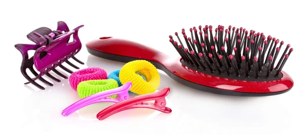 Hairbrush, barrette and Scrunchy isolated on white — Stock Photo, Image