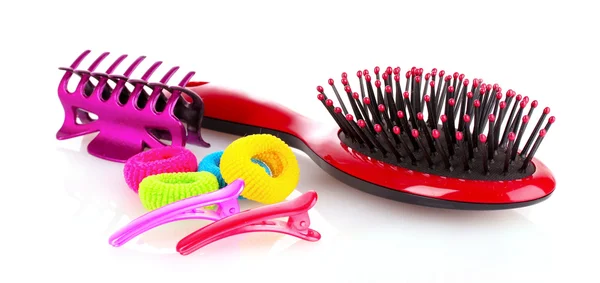 Hairbrush, barrette and Scrunchy isolated on white — Stock Photo, Image