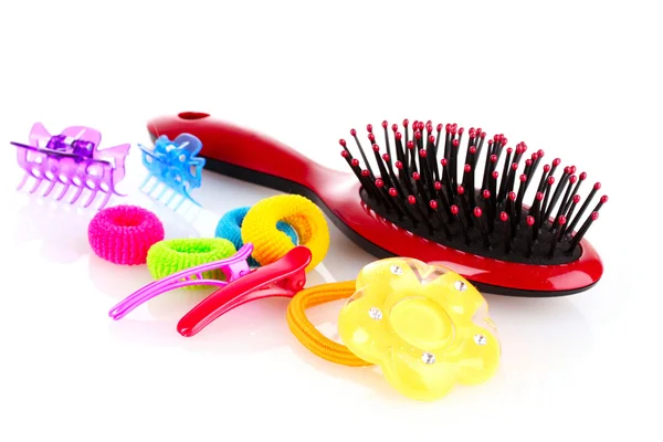 Escova de cabelo, barrette e Scrunchy isolado em branco — Fotografia de Stock