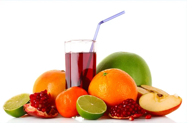 stock image Fruits and glasses with juice isolated on white