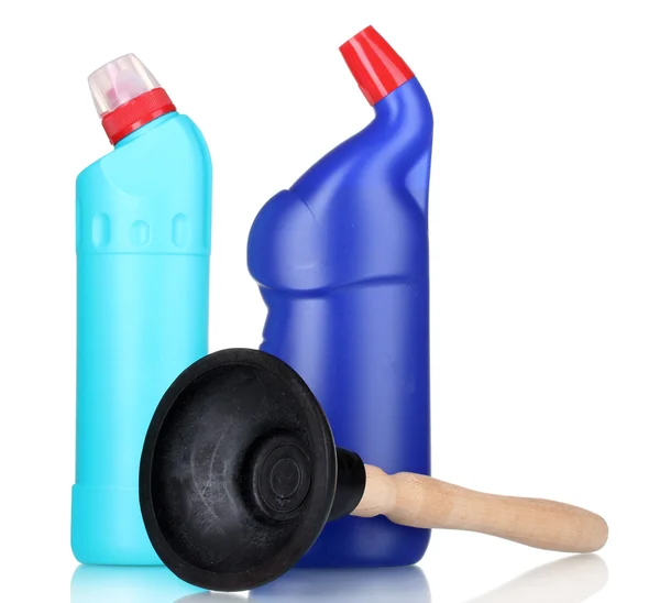Êmbolo e garrafas de detergente — Fotografia de Stock