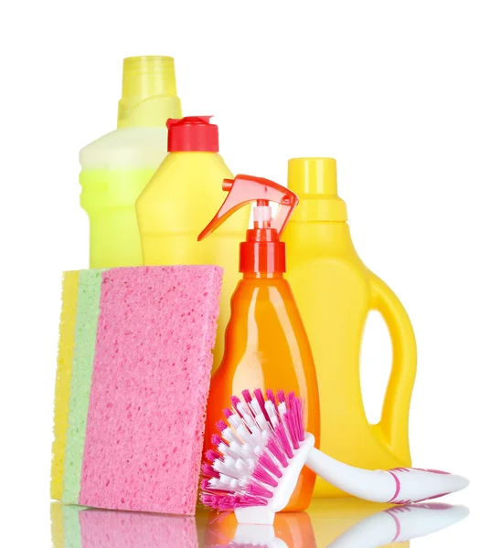 Detergent bottles and sponges — Stock Photo, Image