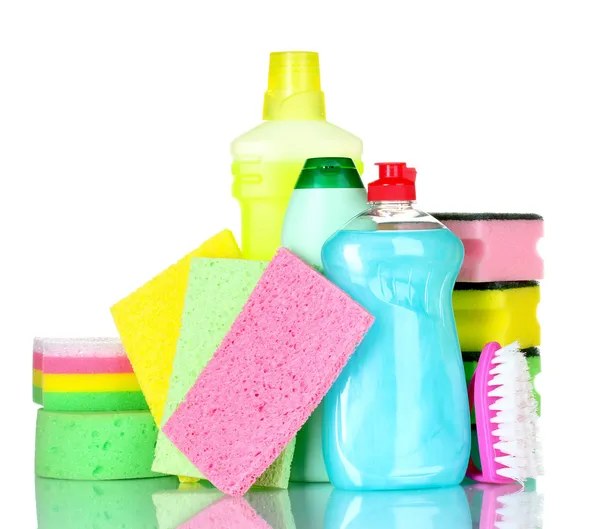 stock image Detergent bottles, brush and sponges