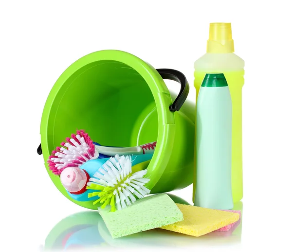 stock image Detergent bottles, brushes, gloves and sponges in bucket