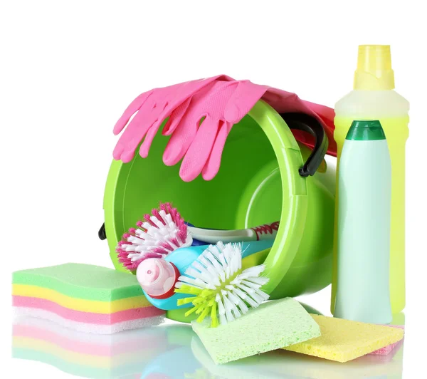 stock image Detergent bottles, brushes, gloves and sponges in bucket