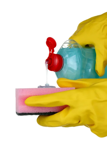 Bottiglia detergente e spugna nelle mani — Foto Stock