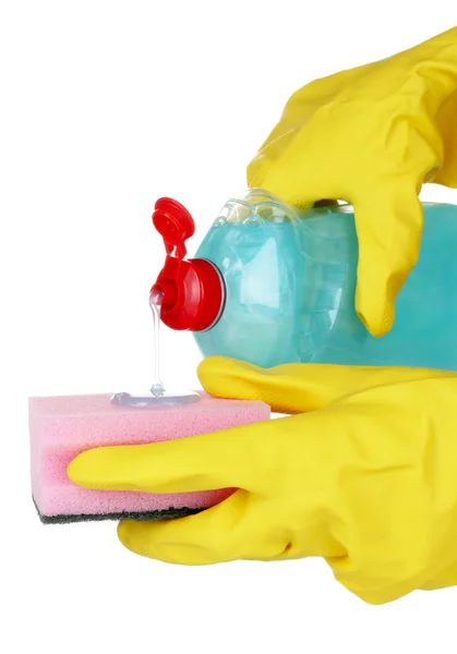 Frasco de detergente y esponja en las manos — Foto de Stock