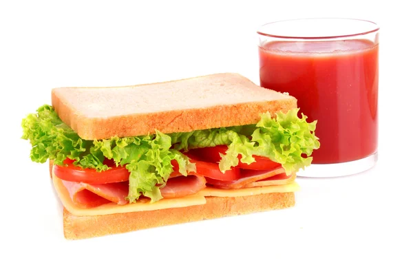 Sandwich with tomato juice isolated on white — Stock Photo, Image