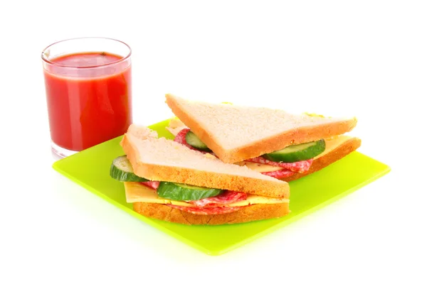 Sandwich met tomatensap geïsoleerd op wit — Stockfoto
