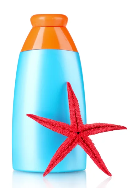 Sunblock in bottles and starfish — Stock Photo, Image