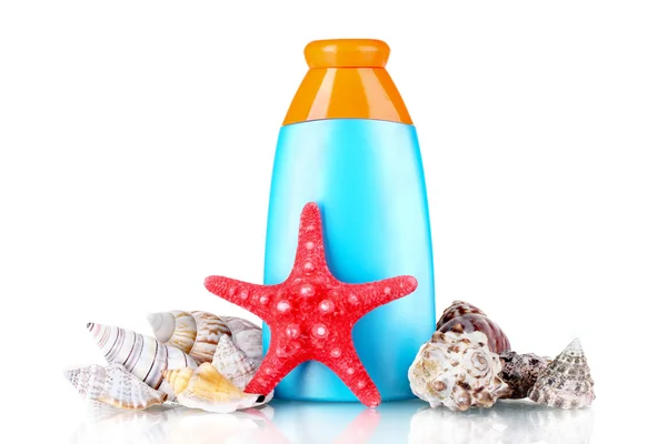 Bloc solaire en bouteilles et étoiles de mer — Photo