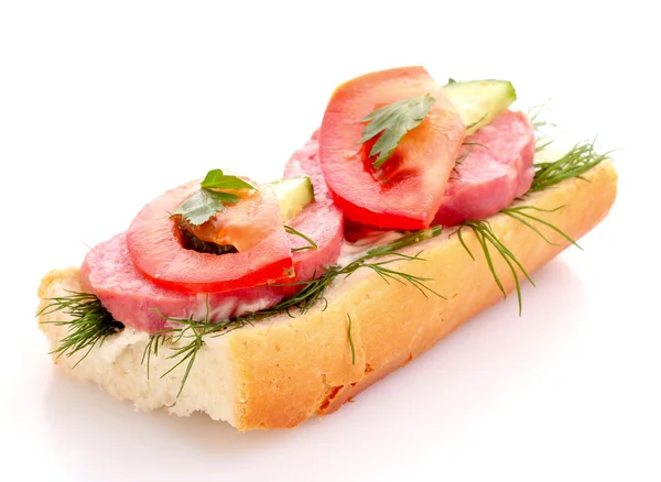 Tomatoes and sausage on bread isolated on white — Stock Photo, Image