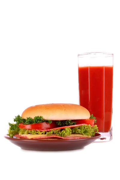 Sandwich with tomato juice isolated on white — Stock Photo, Image