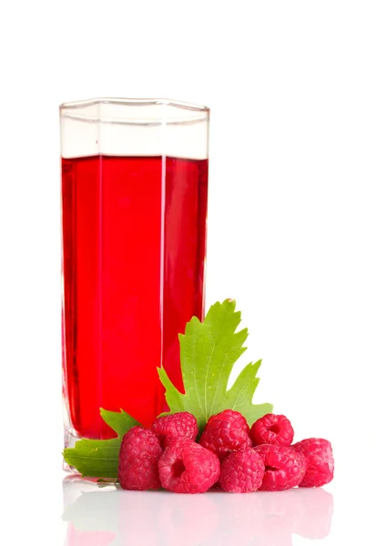 Raspberry segar, daun dan jus — Stok Foto
