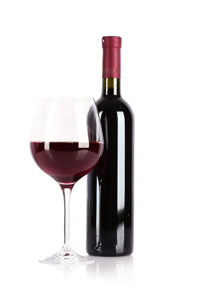 Flasche und Glas mit Wein isoliert auf weiß — Stockfoto