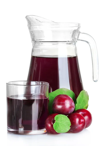 Pitcher and glass of compote and plums — Stock Photo, Image