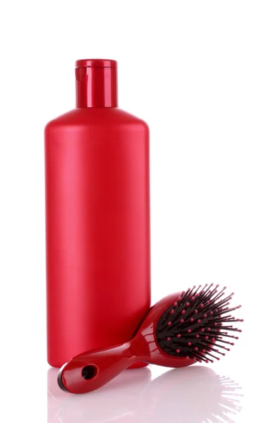 Şampuan şişeleri ve beyaz saç fırçası — Stok fotoğraf