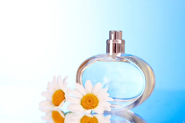 Parfum et fleurs sur fond bleu — Photo